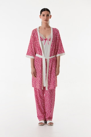 Kadın 3 Lü Sabahlıklı Yazlık Kırınkıl Kumaş Pijama Gecelik Takımı Seti Fuşya