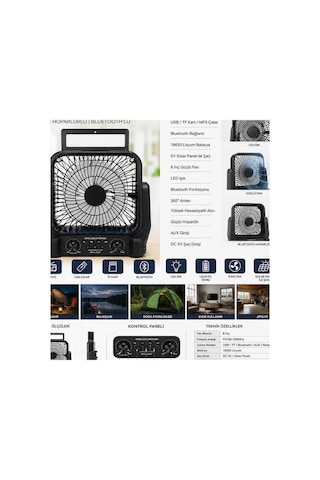 8 İnç Solar Kamp Vantilatörü Fm Radyolu Bluetooth Hoparlörlü Led Işıklı Pd950 Evimdeyokyok