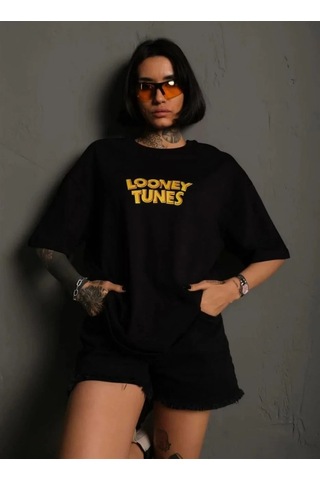 Tarzyeri Kadın Bisiklet Yaka Baskılı Oversize Kısa Kol T-shirt - Siyah