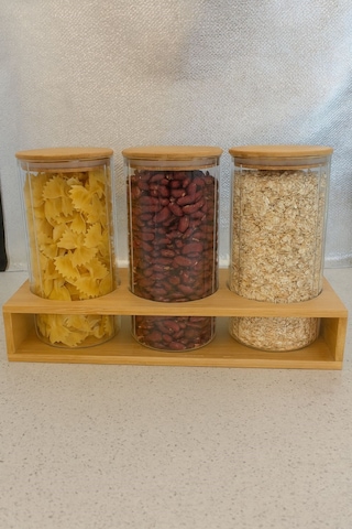 Qerhome Borosilikat Cam Bambu Stantlı Ve Bambu Kapaklı Optik Çizgili Baharatlık Seti 1400 Ml Alg11522 Amber