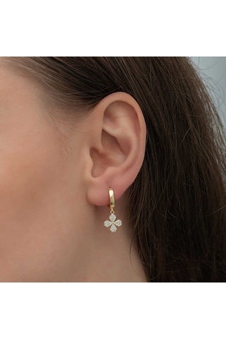 Gümüş Gold Sallantılı Yonca Kadın Küpe T8468 Gold