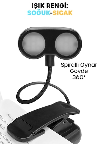 Ledli 2 Renk Işıklı Klipsli Mini Kitap Okuma Lambası Mandallı Masa Lambası Kitap Okuma Işığı 012 Siyah