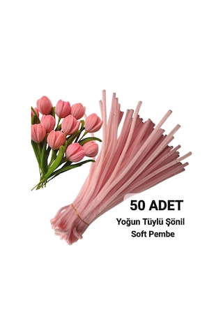 50 Adet Açık Pembe Şönil, Çiçek Yapımına Uygun Tüylü Tel, 30 Cm 6mm