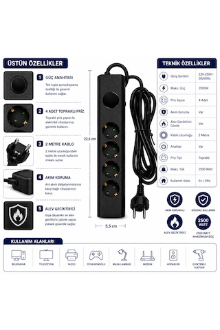 Sh-4632 4 Lü Akım Korumalı Priz 2500w 2 Metre Kablolu Anahtarlı Topraklı Çoklu Grup Priz Uzatma Kablosu 2 M