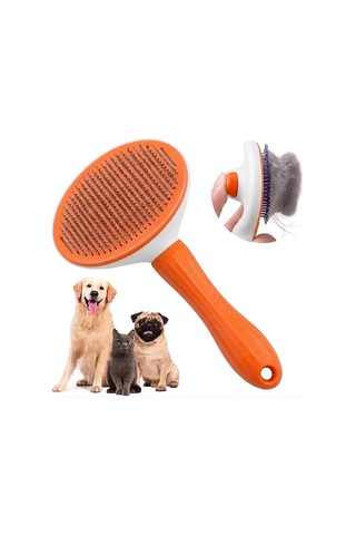Turuncu Basmalı Kedi Ve Köpek Tarağı Otomatik Temizlenen Pet Fırçası Paslanmaz Çelik İğneli Ergono