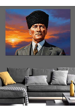 Kalpak Başlıklı Atatürk Portresi Ve Gün Batımı Dekoratif Kanvas - Mdf Ahşap Tablo