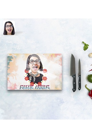 Kişiye Özel Melek Annem Karikatürlü Cam Kesme Ve Sunum Tablası 20