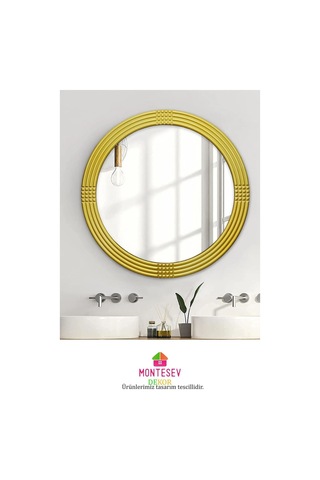 Safir Gold Dekoratif Ayna Yuvarlak Işlemeli Duvar Aynası 43 Cm Altın