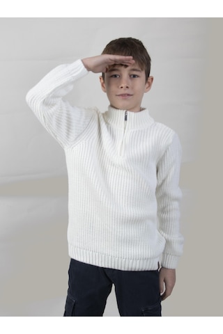 Alexandergardı Dik Yaka Fermuarlı Erkek Çocuk Kazak C23-7108 Beyaz