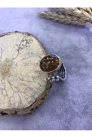 Kehribar Taşlı Gümüş Yüzük 925 Ayar - 217290351