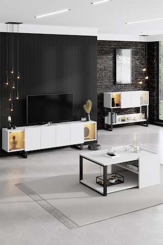 Zenit Siyah Demir Ayaklı Rgb Led Işık Sistemli Beyaz Tv Ünitesi Tv Sehpası Beyaz - Siyah