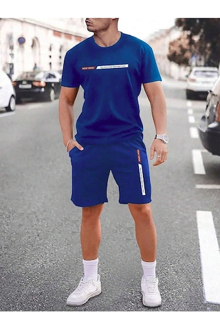 Newyork Çizgi T-shirt Şort - Saxs Alt Üst Kombin Şort Tişört Takım Baskılı Oversize Bisiklet Yaka Lacivert