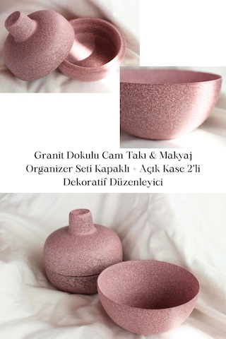 Granit Dokulu Cam Takı Makyaj Organizer Seti Kapaklı 2 Li Gri