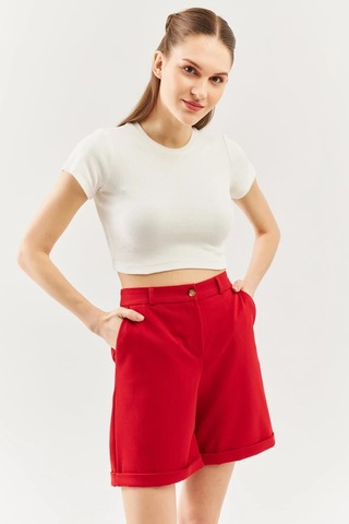 Kadın Kısa Kol Bisiklet Yaka Vücuda Oturan %100 Pamuklu Kaşkorse Esnek Crop Bluz Beyaz