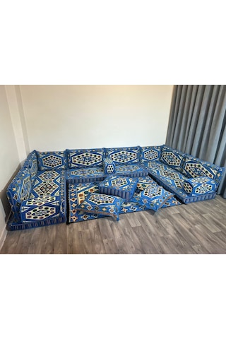 Coton Şark Köşesi Yörük Desenli Lüks Minder Takımı Konsept Mavi 18 Parça Mavi