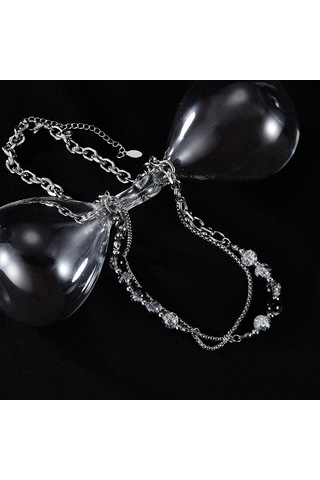 Sones Opk Gx2416 Paslanmaz Çelik Çift Zincir Cam Boncuk Kolye Çok Renkli