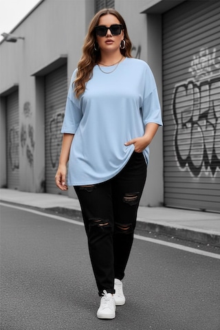 Mily Kadın Büyük Beden Battal Basic Bisiklet Yaka Pamuklu T-shirt Rahat Kesim Unisex Sevgili Kombini Turkuaz