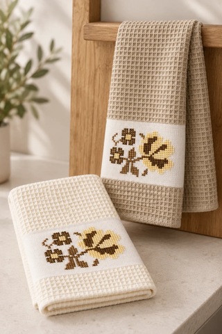 Kanaviçe Çiçek İşlemeli Kutulu Mutfak Havlusu Seti 2 Li 45x70 Cm %70 Pamuk Bej-krem