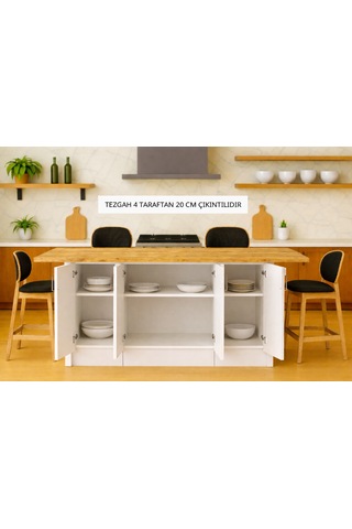 Star Mutfak Adası - Alt Modül - 4 Kapaklı - 180 Cm - Tezgah Dahil Beyaz