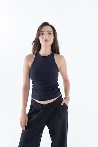 Comeor Fitilli Regular Fit Normal Kalıp Lacivert Bisiklet Yaka Sıfır Kol Pamuklu Kadın Atlet Lacivert