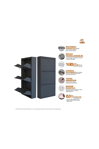 Kilitli 3'lü Metal Ayakkabılık - Antrasit