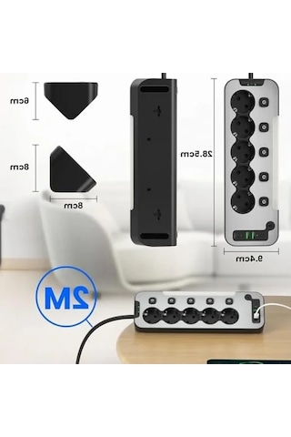 5'li Işıklı Akım Korumalı Priz, 2 Metre Kablo Ve Usb Girişleri İle 0