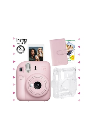 Fujifilm Instax Mini 12 Fotoğraf Makinesi + 20'li Film + Laporta Albüm + Şeffaf Kılıf Seti Pembe