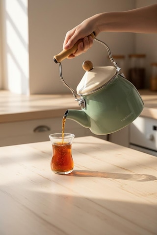 Bambum Nostalji - Ahşap Saplı Kettle Demlik Açık Yeşil Açık Yeşil