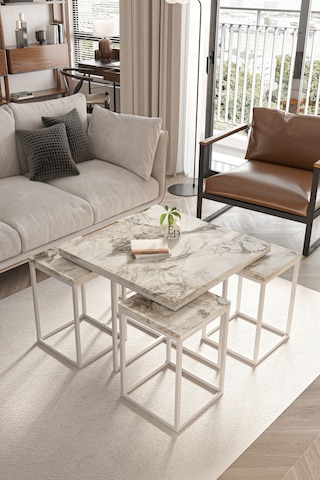 Lizbon 4+1 Kare Sehpa Takımı Beyaz Metal - Beyaz Mermer Tabla