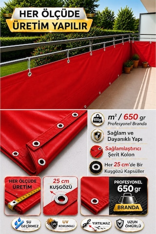 Kırmızı Renkli Balkon Branda Perdesi - 650 Gr Pvc Polyester - Kuşgözlü Ve Kolon Takviyeli Balkon Demiri Brandası Kırmızı