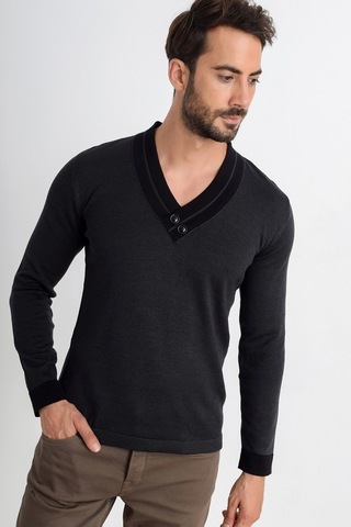 Heyss V Yaka Düğme Detaylı Erkek Triko Kazak (381033766) Antrasit