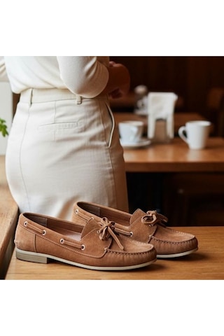 Ne&ve Shoes Taba Süet Hakiki Deri Bağcıklı Makosen Kadın Kolej Loafer