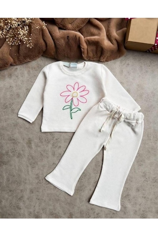 Kız Çocuk Gofre Kumaş Papatya Çiçek Nakışlı Alt Üst Takım Ekru