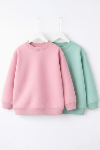 Zuzunga 2'li Basic Şardonlu Çocuk Sweatshirt Su Yeşili - Pudra 9003