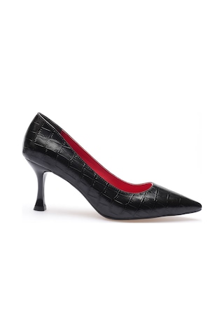 Alewomen Siyah Krokodil Desenli Deri Alçak 8 Cm Topuk Shoper Stiletto Topuklu Kadın Ayakkabı Siyah Kroko