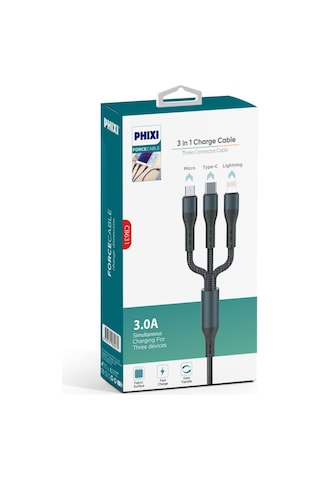 Force Cb631 Örgü 3 İn 1 Mikro / Lightning / Type-c Data Şarj Kablosu - Siyah- Tek Ebat