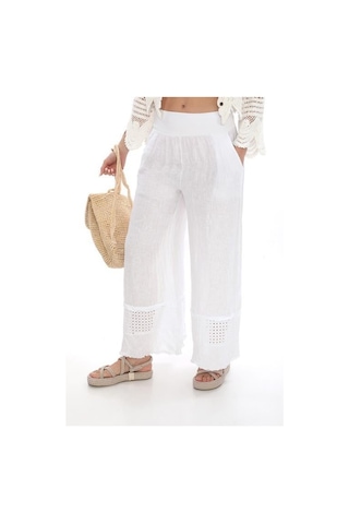 Eren Style İtalyan Fisto Detaylı Keten Pantolon-9186 Beyaz
