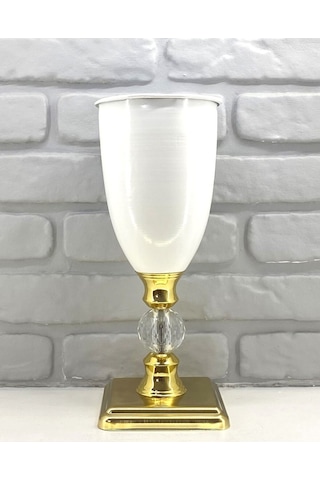 Modern Dekoratif Kristal Taşlı Gold Kare Ayaklı Taşlı Beyaz Vazo Altın - Beyaz