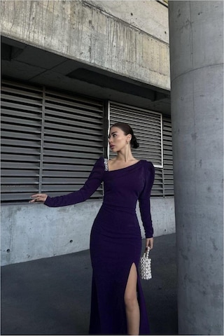 Lior Design Kadın Şık Model Kayık Yaka Taş Detaylı Uzun Kollu Abiye Elbise Mor