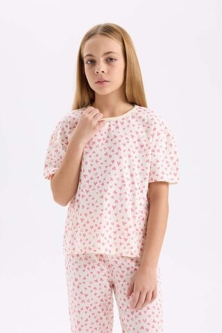 DeFacto Kız Çocuk Pijama Takımı Kalp Desenli Kısa Kollu Üst Uzun Alt D8197A8NSER99 Ekru