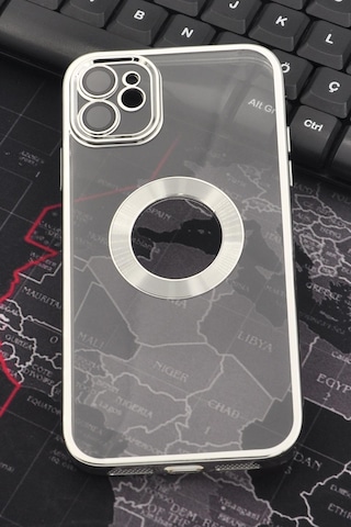 Apple Uyumlu iPhone 11 Gümüş Gri Silver Renkli Kenarlı Lazerli Şeffaf Kılıf Lens Korumalı