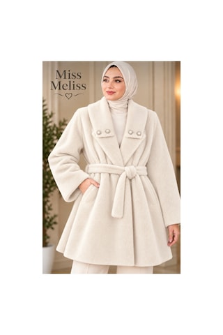 Miss Meliss İnci Detaylı Şık Fox Kumaş Kaban Krem Krem
