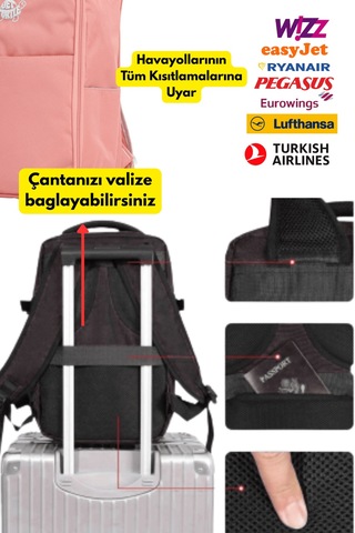 Jet Turtle Seyahat Sırt Çantası 40cm 40x25x15 Cm Pegasus, Wizz Air, Ryanair, El Valizi Koltuk Altı Valizi Somon