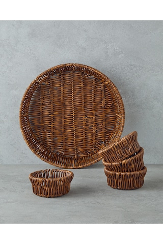 English Home Boho Plastik Rattan 5 Parça Sunumluk 27x27x5 Cm Kahverengi