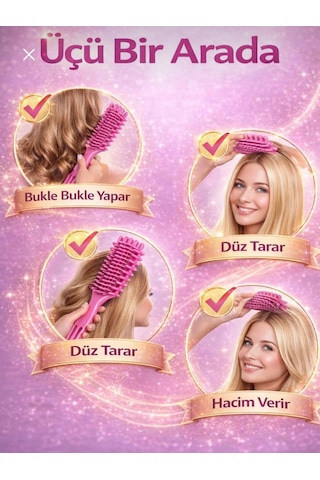 Yurısh Akıllı Fırça 3 İn 1 Kıvırcık Saç Belirginleştirici Bukle Tarağı Pembe