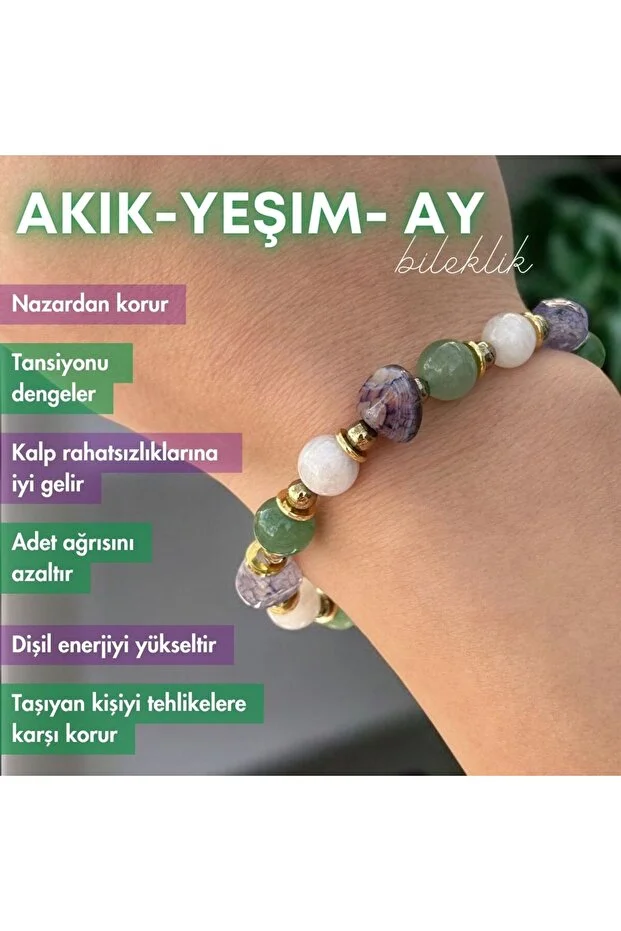 Yeşim - Akik Ve Ay Taşı Gerçek Doğal Taş Bileklik Çok Renkli