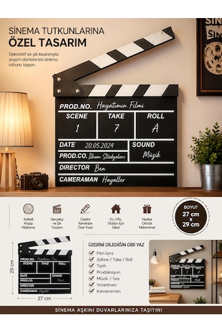 Büyük Boy Sinema Klaketi Yazılabilir Ahşap Clapperboard Dekoratif Film Aksesuarı Ev Ofis Duvar Süsü 27x29 Cm Siyah-Beyaz