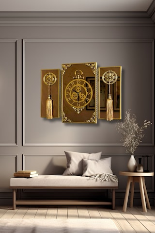 3lü Gold Dikdörgen Aynalı Çerçeveli Püsküllü Duvar Saati Takımı, Wall Clock, Hediye, Ms38-1