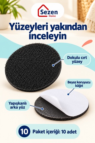 10 Adet Cırt Cırtlı Halı Sabitleyici Siyah Yuvarlak Halı Kaydırmaz