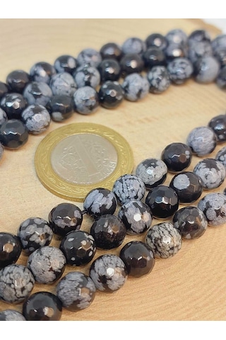 Kar Tanesi Obsidyen Taşı Faset Kesim Dizi 10mm